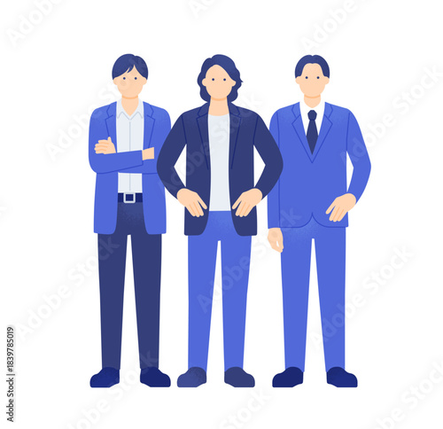 自信に満ちた若手ビジネスマン3人組。スーツ・オフィスカジュアルな男性の全身イラスト素材。