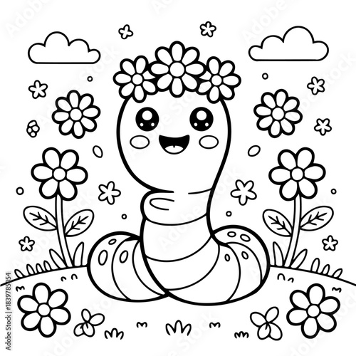 Whimsical Worm with floral crown: A cheerful worm adorned with a floral crown, smiling happily amongst blooming flowers and playful clouds. A perfect illustration for creativity and coloring