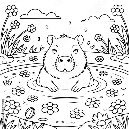 Happy Capybara in Water: An adorable capybara relaxes serenely in a water, surrounded by flowers, radiating tranquility, in a delightful scene perfect for relaxation.