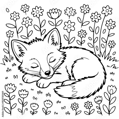 Fox's Nap in the Meadow: A cute fox rests serenely amidst a field of flourishing flowers, its eyes peacefully closed, nestled in a tranquil meadow.