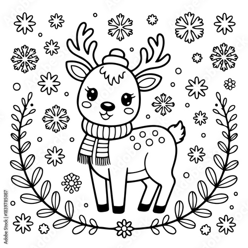 Whimsical Deer in Winter Wonderland: A charming cartoon reindeer is adorned with a festive scarf and hat, framed by swirling snowflakes and delicate floral elements.