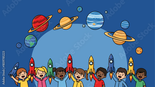 Joyful Diverse Children Holding Rockets, Surrounded by Colorful Planets in Space. Cartoon Illustration of Kids Dreaming of Astronaut Adventures & S...