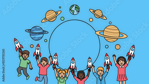 Joyful Diverse Children's Space Adventure: Happy Kids Holding Rockets Under a Whimsical Planetary Orbit Illustration, Promoting STEM Education and ...