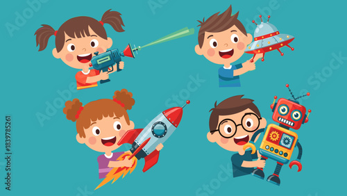Joyful Cartoon Kids Playing with Futuristic Sci-Fi Toys: Rocket, Robot, Laser Gun, and UFO. Childhood Imagination and Space Adventure.