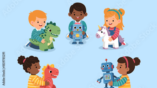 Happy Diverse Children Playing with Favorite Toys: Boys and Girls Enjoying Dinosaurs, Robots, Unicorns, and Horses in a Colorful Illustration