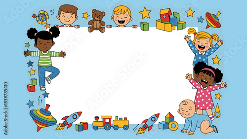 Playful Childhood Border with Diverse Kids and Toys on Light Blue Background, Blank Frame for Text or Image