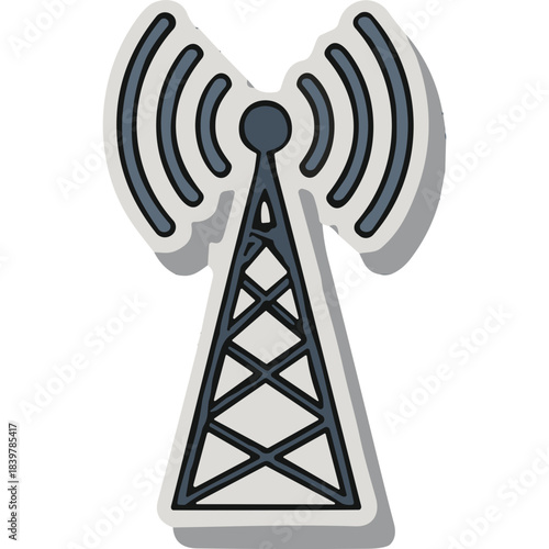 Gray And White Communication Tower With Waves Sending Signal On Black Background Flat Design Illustration