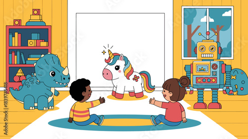 Kids with Magical Unicorn, Dinosaur & Robot in Playroom: Imagination, Friendship, and Healing Adventure Illustration