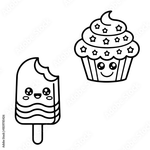 Whimsical Treats: A delightful drawing of an ice cream and cupcake, each with an adorable, playful design, embodying the sweetness of treats. 