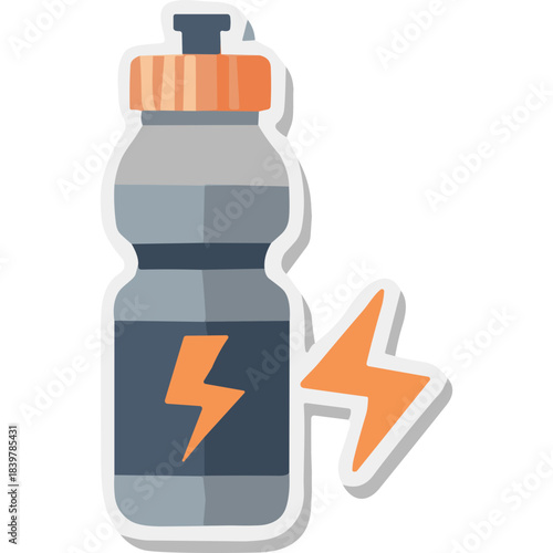 Gray And Blue Sport Water Bottle With Orange Cap And Lightning Bolt Symbol Graphic Illustration
