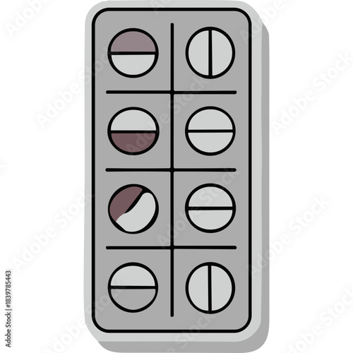Gray Blister Pack Containing Eight Round Pills with Visual Impairments Two Tablets Showing Partial Coloration and Divisions on White Background Isolated Graphic Medical Concept