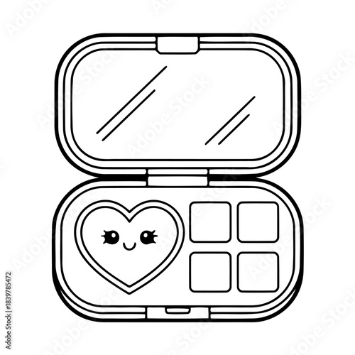 Makeup Kit Icon: A charming illustrated compact makeup kit. Containing an assortment of eye shadows and a heart-shaped blush, perfect for adding a touch of color to your day. 