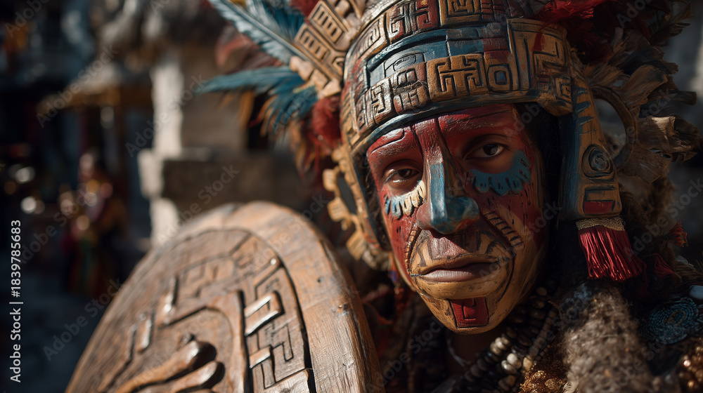 Obraz premium A Vibrant Depiction of the Rabinal Achí, a Traditional Mayan Dance Drama from Guatemala, Showcasing an Indigenous Performer in Ceremonial Attire and a Shield