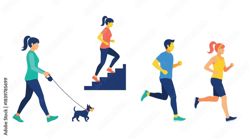 Obraz premium People exercising outdoors running walking a dog and climbing stairs