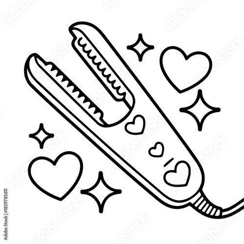 Hair Straightener and Love: A delightful illustration showcases a hair straightener adorned with hearts, sparkling with love and elegance.