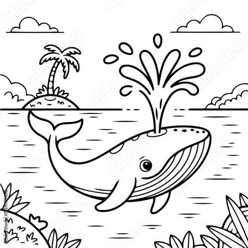 Whale's Majestic Water Display: A playful illustration depicts a majestic whale gracefully spouting water in the tranquil sea.