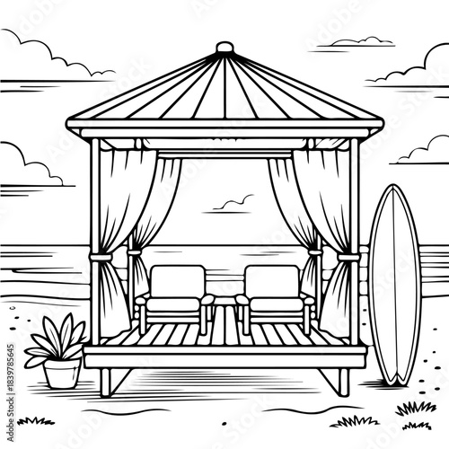 Coastal Escape: This tranquil image features a beachside gazebo, inviting relaxation. Inside, comfortable chairs sit beside a table, creating a serene space. A surfboard stands ready for adventure.