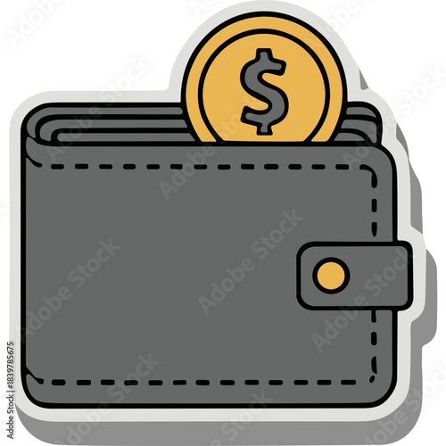 Gray Leather Wallet With Gold Dollar Coin Peeking Out From The Top Showing Financial Wealth And Savings Concept