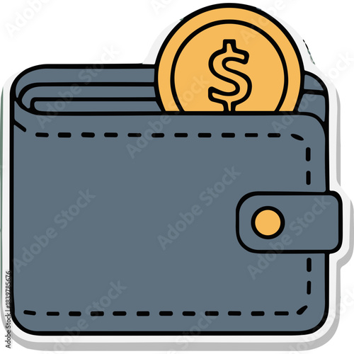 Gray Leather Wallet with Gold Dollar Coin Insert and Button Closure on White Background Represents Financial Savings and Wealth Accumulation