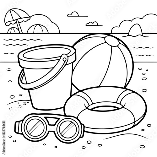 Beach Day Essentials: A charming collection of beach-themed essentials, including a bucket, ball, sunglasses, and swim ring, captures the essence of a carefree day by the shore.