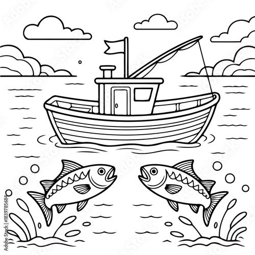 Fishing Boat in the Sea: A whimsical illustration depicts a fishing boat on the water, fishing rod extended, with two leaping fish, creating a sense of fun and outdoor adventure.