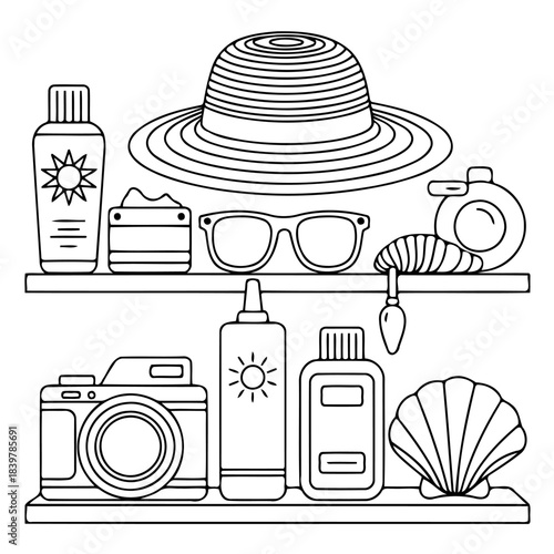 Seaside Essentials: A stylish shelf hosts vacation must-haves, offering a curated collection of sun-kissed supplies and summer accessories.