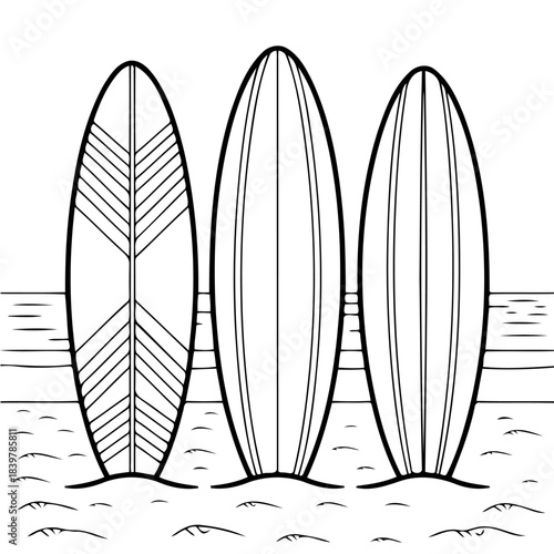 Surfboards on Sandy Shoreline: A minimalist depiction of three surfboards standing on the shore. Each board showcases unique design, standing patiently on the sand, ready for the waves.