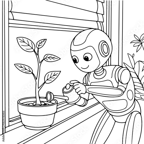 Caring Android's Verdant Gesture: A friendly android tends to a thriving potted plant, symbolizing technological care and environmental symbiosis.