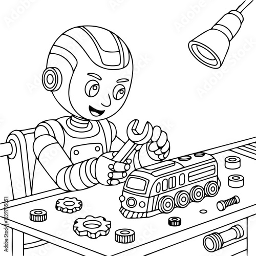 Mechanical Ingenuity: A detailed illustration of a robot expertly tinkering with a toy train, utilizing a wrench to make adjustments and fine-tune its functionality.