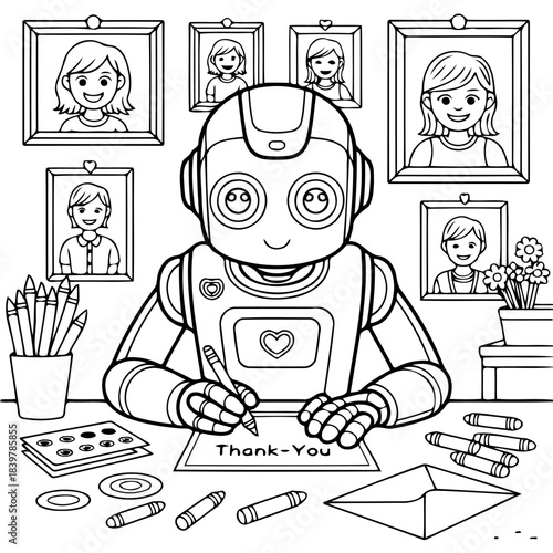 Robot Crafting Thank You Note: An adorable robot diligently crafts a Thank You note, surrounded by art supplies, with family portraits adorning the wall.