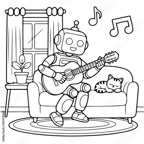 Harmony of Metal and Melody: An artistic illustration of a friendly robot strumming a guitar, serenading a sleeping feline companion in a cozy indoor setting.