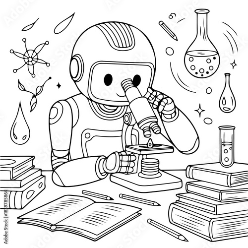 Robotic Scientist: A meticulously crafted illustration depicts a futuristic robot engrossed in scientific exploration. With focused gaze, the robot peers into a microscope.