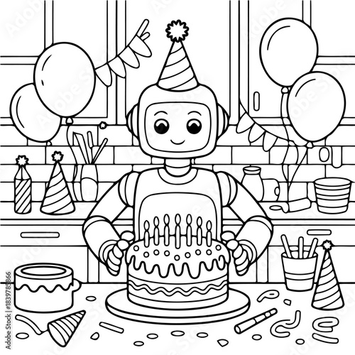 Robot's Birthday: A robot joyfully celebrates its birthday, complete with a festive cake adorned with candles, balloons, and party hats. This illustration depicts a fun and celebratory scene.