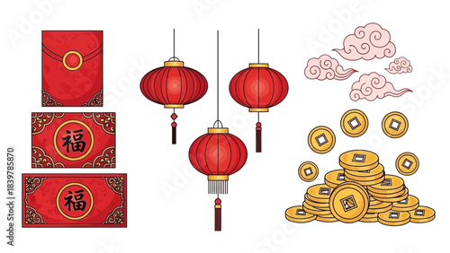 Festive Assemblage: Lanterns, Red Envelopes, Coins and Clouds. An ensemble of traditional lanterns, lucky red envelopes, stacks of golden coins and pink clouds, celebrating a special occasion.