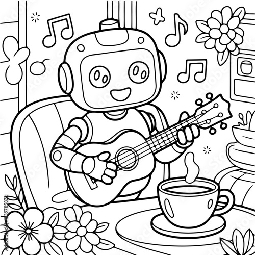 Robot Serenade: A cheerful robot serenades with a ukulele, surrounded by flowers and music notes, accompanied by a hot drink. A whimsical scene.
