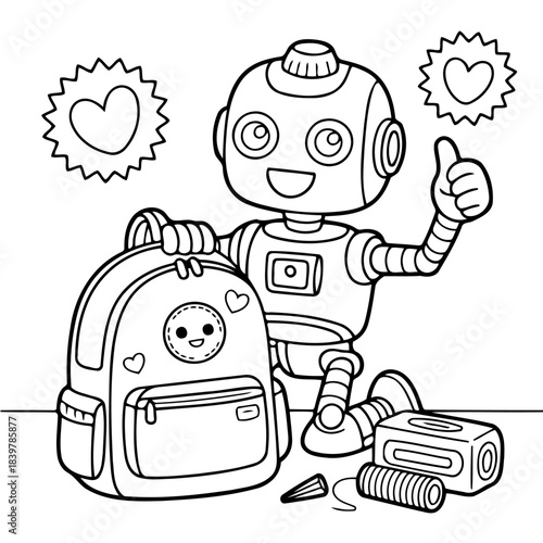 A Robot's School Day: An adorable robot prepares for the school day, showcasing a vibrant backpack and offering a thumbs-up.