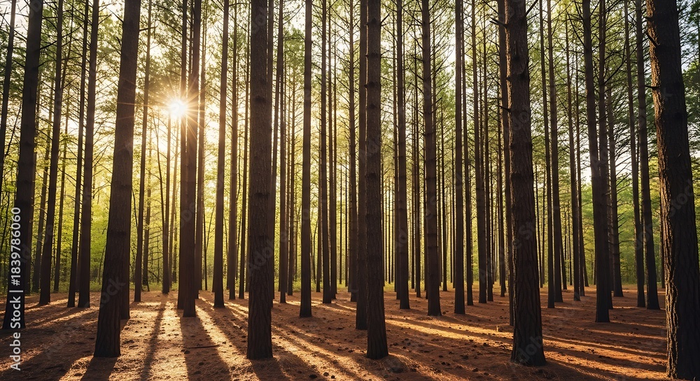 Fototapeta premium Sunlight filtering through a dense pine forest creating long shadows on the ground.