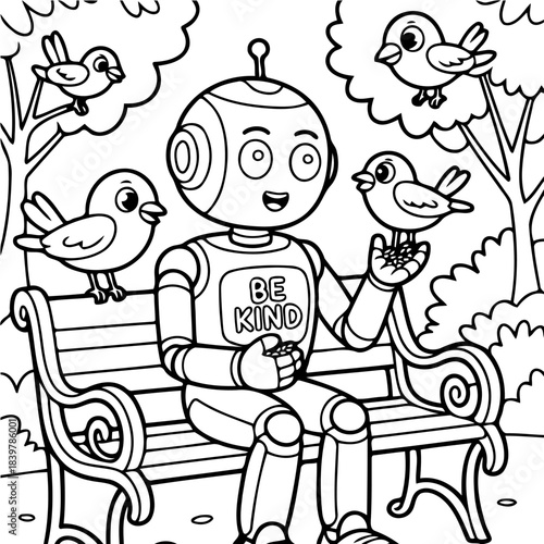 Robot's Compassionate Serenade with Bird: An adorable robot is serenaded by chirping bird in the park bench, embodying empathy and kindness, while being surrounded by bird and lush foliage. 