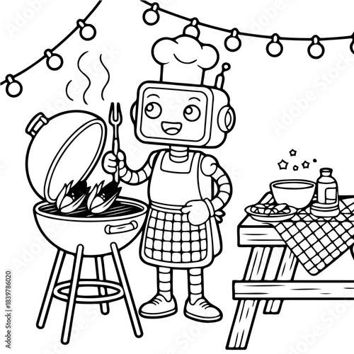 Robot Chef at a BBQ: A whimsical illustration of a robot chef, apron-clad, grilling corn on a classic barbeque, evoking the spirit of summer gatherings and playful culinary delight.