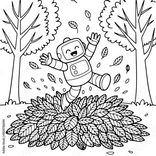 Joyful Robot's Autumn Playtime: A cheerful robot exuberantly plays amidst a pile of autumn leaves, capturing the essence of playful fun.