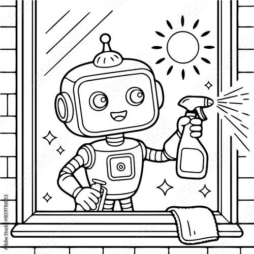 Robot window cleaner: a helpful robot diligently cleans a window with a spray bottle and a cloth, the sun shining brightly, showing a commitment to cleanliness