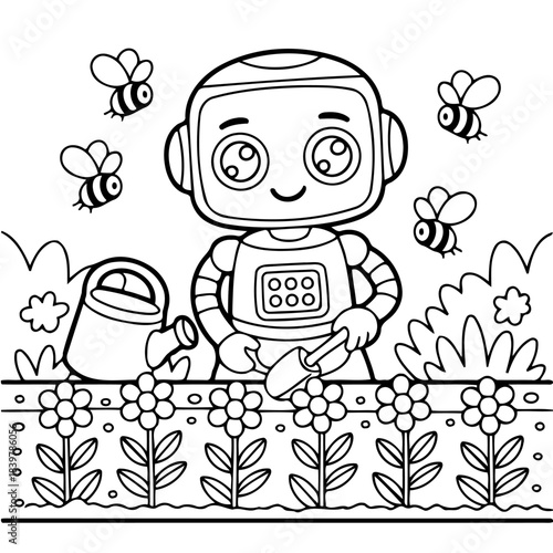 Robot in Bloom: A friendly robot tends to a colorful garden, surrounded by buzzing bees, a symbol of growth and harmony.
