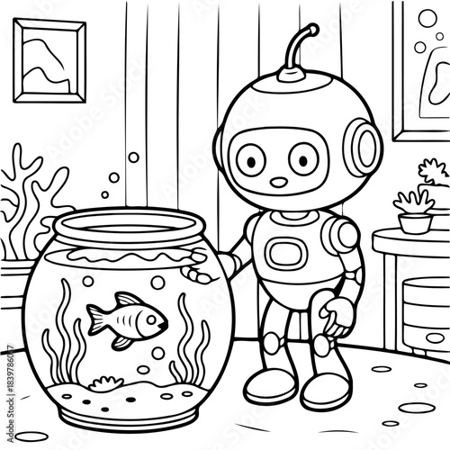 Robot's Aquatic Observation: In a playful illustration, a friendly robot peers with curiosity into a fishbowl, observing a vibrant fish in its underwater habitat.