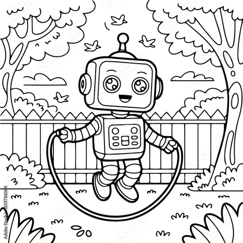 Robot in Backyard Fun: A cheerful cartoon robot joyfully skips rope in a sunny backyard surrounded by leafy trees. It's a playful scene with elements of nature and the robot's animated design