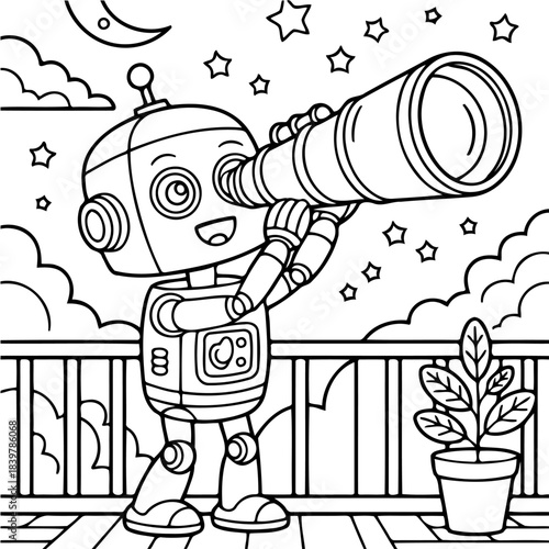 Curious Robot and Telescope: A cute, curious robot peers through a telescope under a starlit sky, his mechanical eyes filled with wonder, ready to explore the vastness of space.
