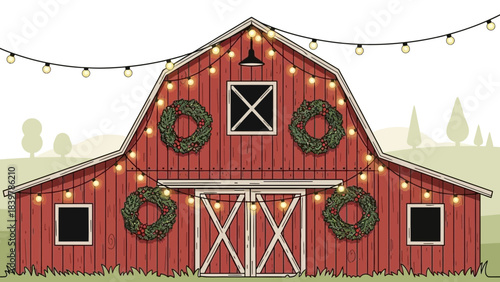Festive Barn: A charming, vintage red barn adorned with vibrant green wreaths and twinkling lights, evoking a warm, inviting atmosphere.
