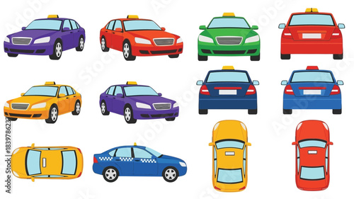 Colorful cartoon illustration of various cars shown from different perspectives