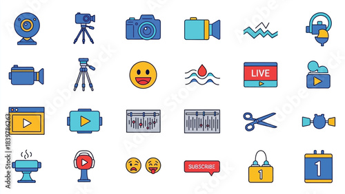 Collection of colorful broadcasting video editing and streaming related icons