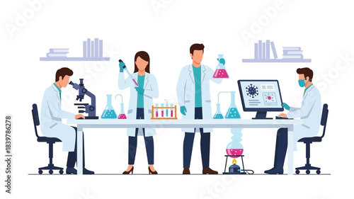 Team of scientists collaborating in a modern research laboratory setting