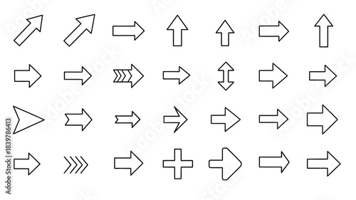 Collection of various simple line art arrow and directional symbols